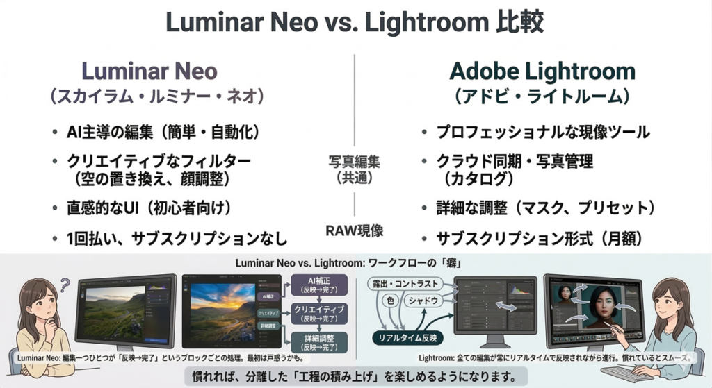 Luminar NeoとAdobe Lightroomの比較インフォグラフィック。料金体系（買い切りvsサブスク）や機能の違い、ワークフローの「癖」について図解した比較表。