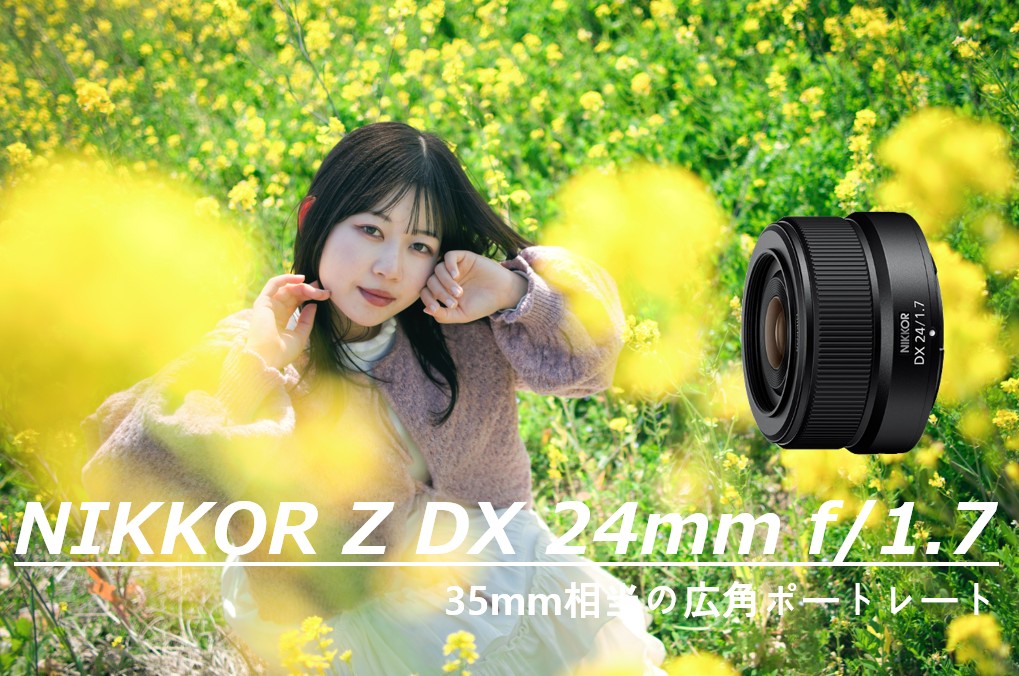 菜の花畑に座るモデルのポートレートとNIKKOR Z DX 24mm f/1.7レンズの製品画像、Z50IIでの広角ポートレート解説アイキャッチ