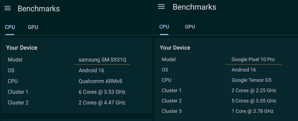 Geekbench 6のベンチマークスコア画面の比較。左のGalaxy S25（Snapdragon 8 Gen 5）がSingle-Core 2525 / Multi-Core 8836、右のPixel 10 Pro（Tensor G5）がSingle-Core 2290 / Multi-Core 6008を示す。
