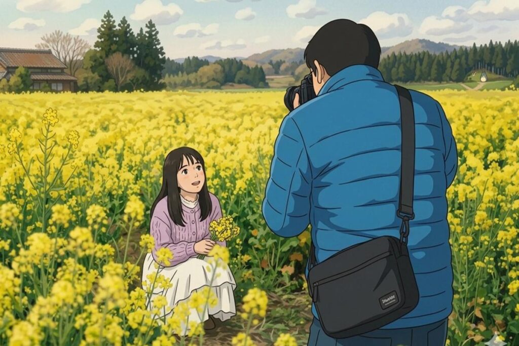 アニメ調のイラスト。菜の花畑の中で座る女性を、少し離れた位置から一眼レフカメラで撮影している男性の背後からのカット。