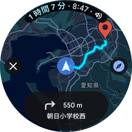 Googleマップでルート全体の俯瞰表示をしているWatch 4画面