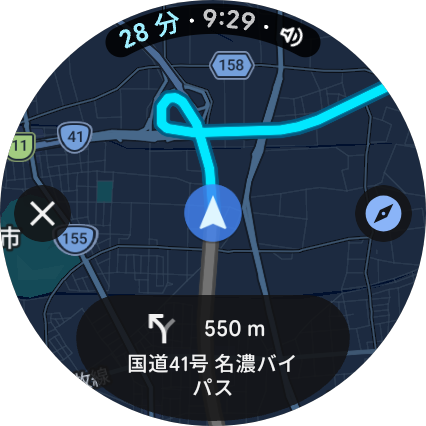 高速道路の複雑なインターチェンジ付近の経路を克明に表示するWatch 4のマップ画面