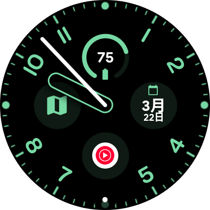 目的地到着時のWatch 4画面。約1時間のナビ使用後で、バッテリー残量は75%