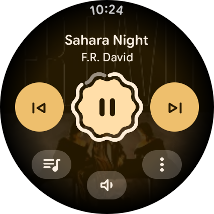 Pixel Watch 4でYouTube Musicの再生画面（プレイリスト）を操作している様子