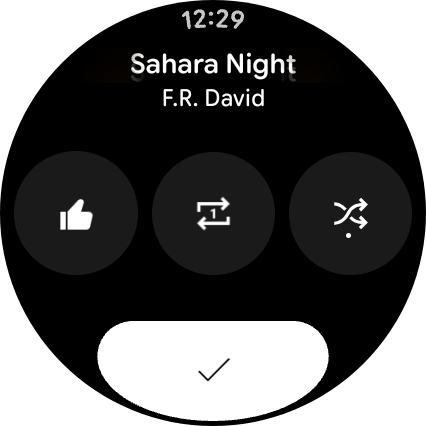 Pixel Watch 4 YouTube Musicのプレイリスト画面と、下に表示された「高評価」ボタン