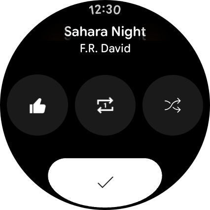Pixel Watch 4 YouTube Musicのプレイリスト画面と、下に表示された「高評価」ボタン