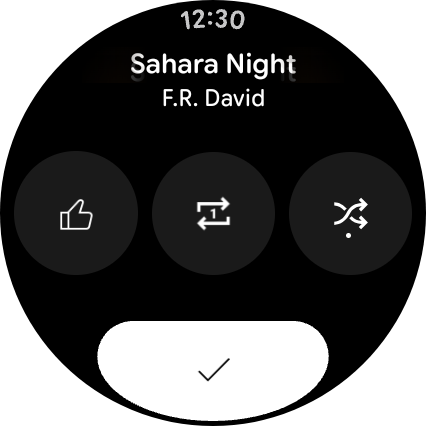 Pixel Watch 4 YouTube Musicのプレイリスト画面と、下に表示された「高評価」ボタン