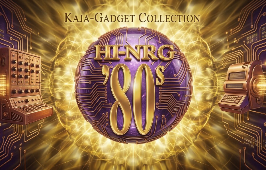 80年代Hi-NRGを象徴するパープルの球体とレトロフューチャーな音響機器が描かれたカジャガジェット・コレクションのアイキャッチ画像