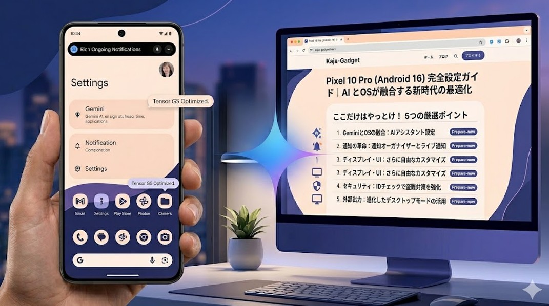 Pixel 10 Proの実機とPC画面が並び、Android 16の5つの厳選設定ポイント（Gemini、通知、UI、セキュリティ、外部出力）がリストアップされたアイキャッチ画像