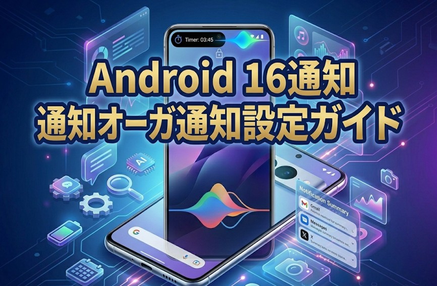 Android 16のステータスバーに表示されたライブ通知（タイマー）のチップ表示と通知設定画面