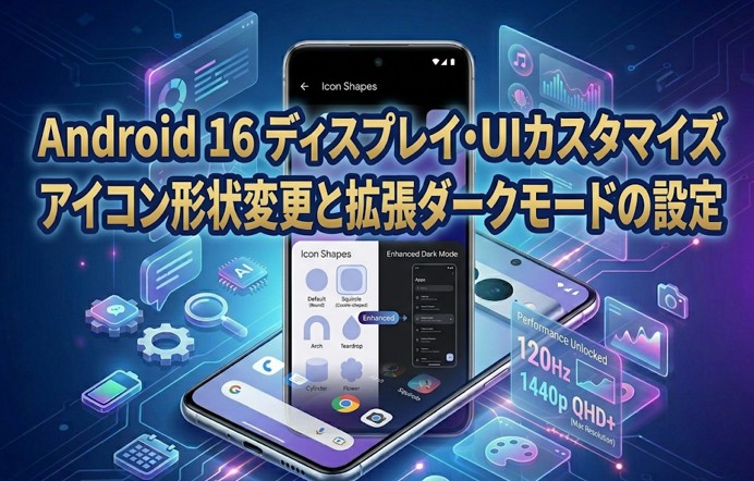 Android 16のアイコン形状変更メニューと120Hz・最大解像度の設定画面イメージ