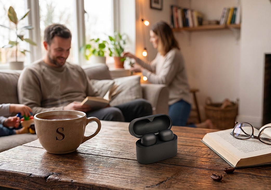 家族がくつろぐリビングのテーブルに置かれたWF-1000XM6と、空間に溶け込む音をイメージしたコーヒーカップの風景