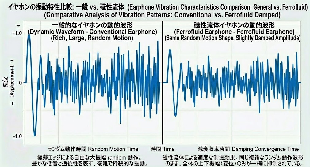 自由な大振幅で豊かにランダムに動く一般的なイヤホンの動的波形(左)と、同じ複雑なランダム動作波形のまま全体の上下振幅(変位)のみが一様に小さく抑制されている磁性流体イヤホンの動的波形(右)の比較グラフ