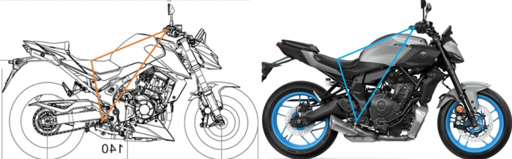 CB750 HORNETとMT-07の車体骨格とライディングポジションの比較図