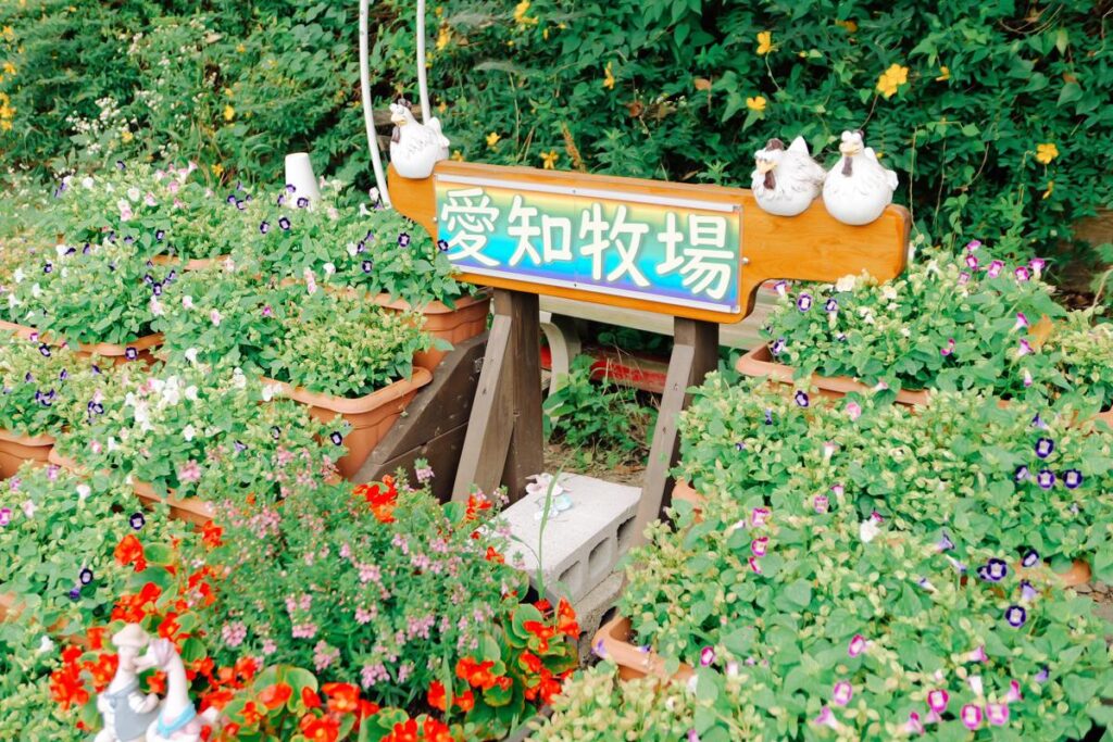 愛知牧場の花鉢と手書きの看板オブジェ