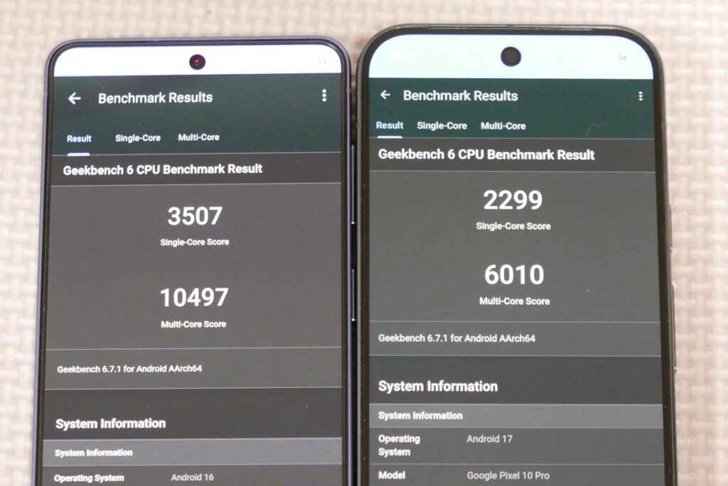Geekbench 6の測定結果画面でGalaxy S26がシングル3507・マルチ10497、Pixel 10 Proがシングル2299・マルチ6010を記録した比較