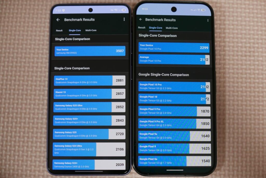 Geekbench 6の測定結果画面でGalaxy S26とPixel10proのシングル結果を比較