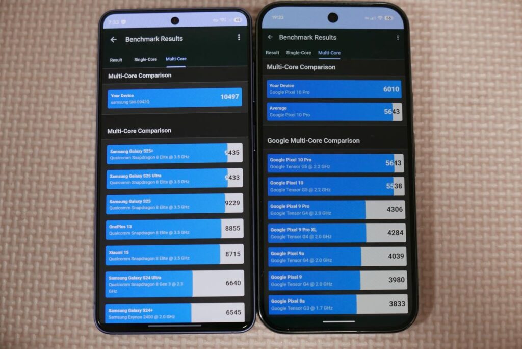 Geekbench 6の測定結果画面でGalaxy S26とPixel10proのマルチ結果を比較