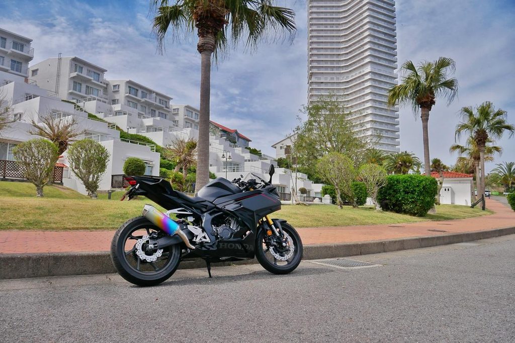 知多半島のヤシの木とリゾートマンションを背景にしたCBR250RR