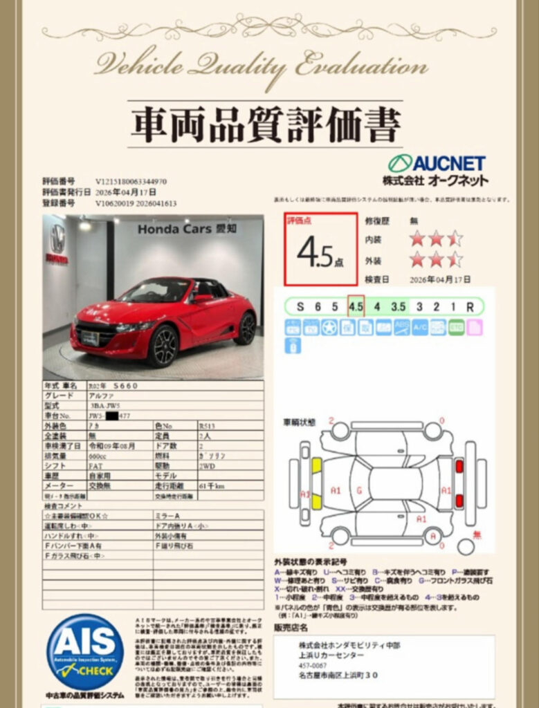 オークネットAIS発行の評価点4.5点・修復歴なしを示すS660の車両品質評価書