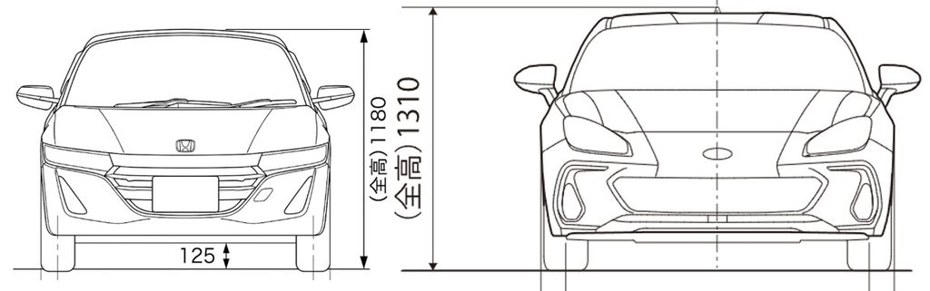 ホンダ S660とトヨタ GR86の全高寸法比較イラスト