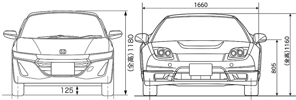 ホンダ S660と初代ホンダ NSXの全高寸法比較イラスト