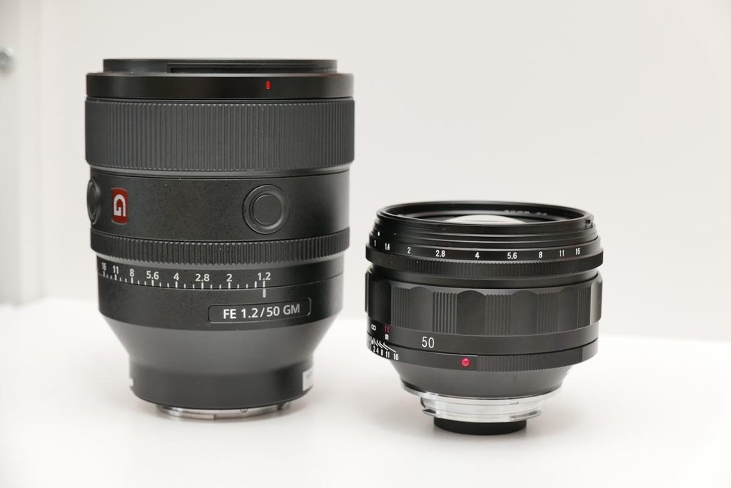 FE 50mm F1.2 GMとNOKTON 50mm F1.0 Asphericalの鏡筒サイズ比較