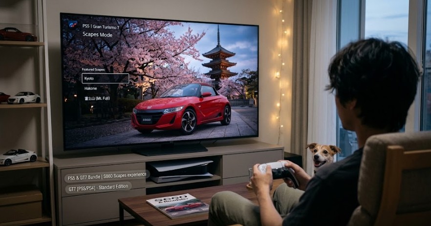 リビングの大画面テレビでPS5のGT7スケープスモードを起動しS660のフォト撮影を楽しむ様子