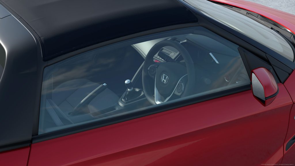 GT7のサイドガラス越しに見えるS660のステアリングやシフトノブなど車内インテリアの質感