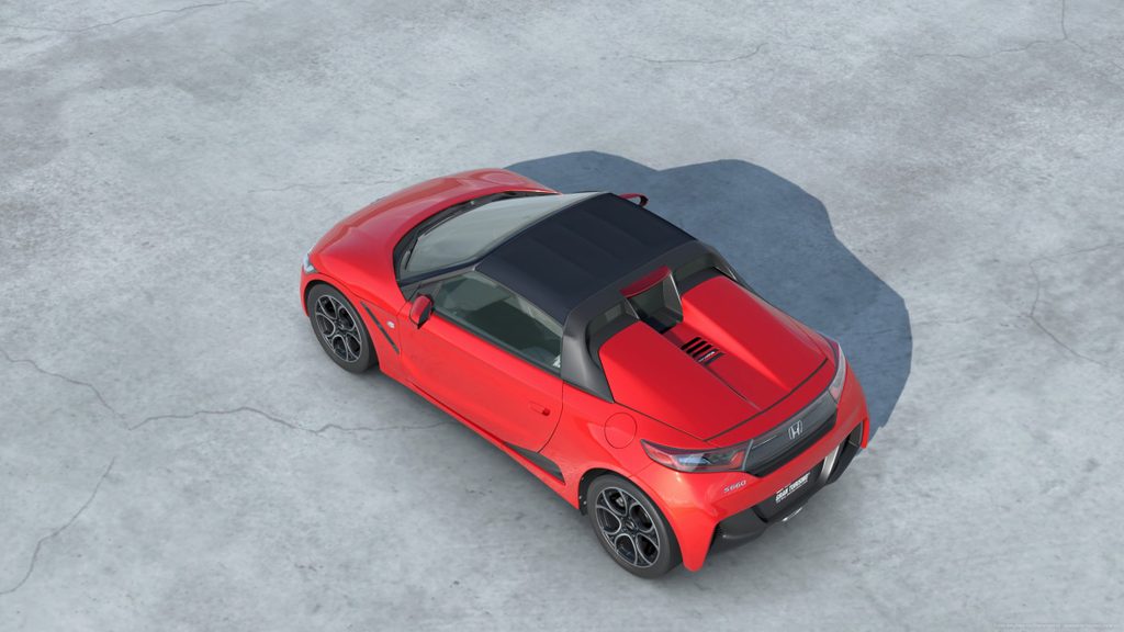 GT7の俯瞰アングルで撮影したS660の流麗なルーフラインとリアデッキの造形