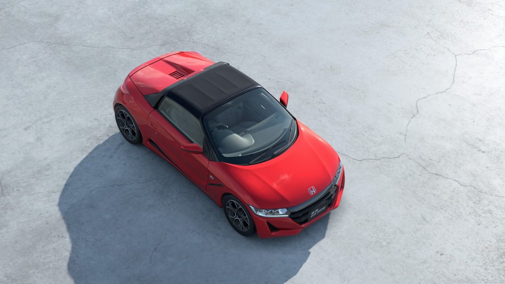 GT7のバーチャル空間で高い位置から見下ろしたフレームレッドのS660のフロントアングル