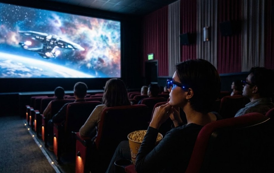 映画館の座席から巨大スクリーンを見つめて没入している男性のイメージ写真