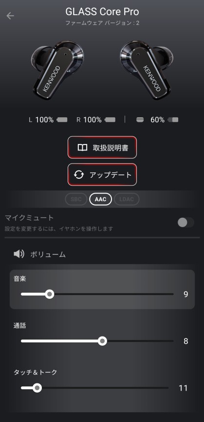 専用アプリのホーム画面(接続コーデックと個別音量設定)
